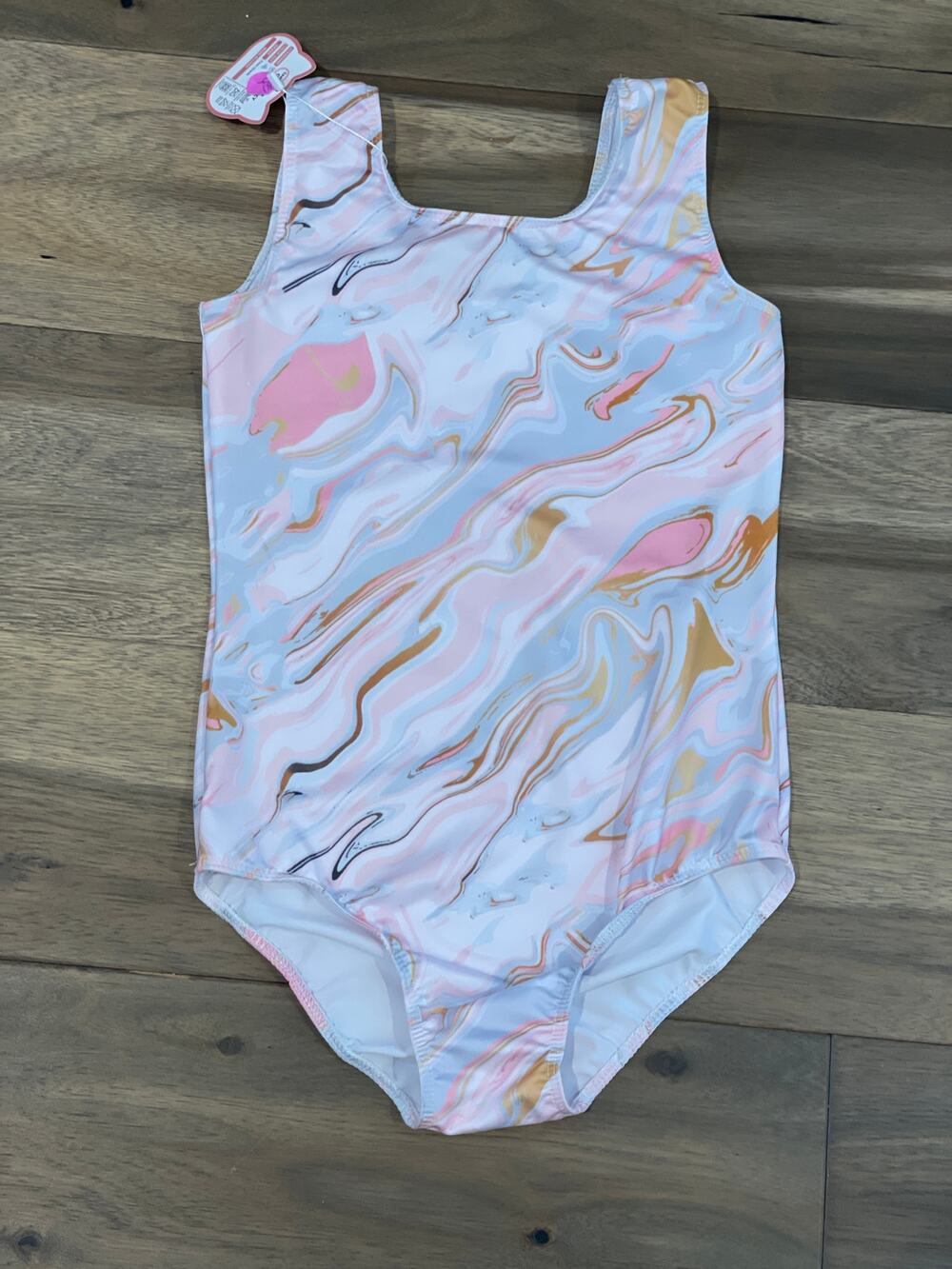Girls Pink Blue & Gold Swirl One‑Piece Swimsuit Size M (7/8) NWT